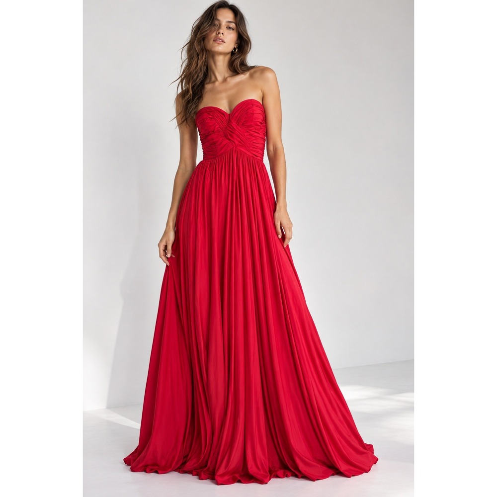 Anamaria Couture Red Strapless Ruched Bodice Maxi Dress Gown S Glam Formal Party
